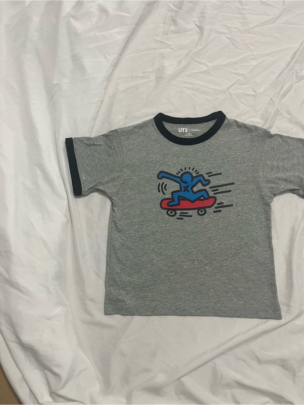 Uniqlo Grey Ringer Tee with Blue and Red Skate Graphic - Kids